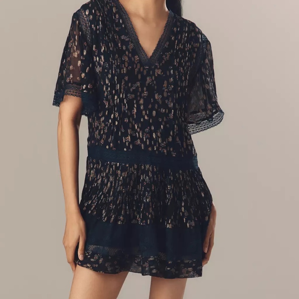 NWT Maeve for Anthropologie short sleeve sparkle and lace tiered mini dress